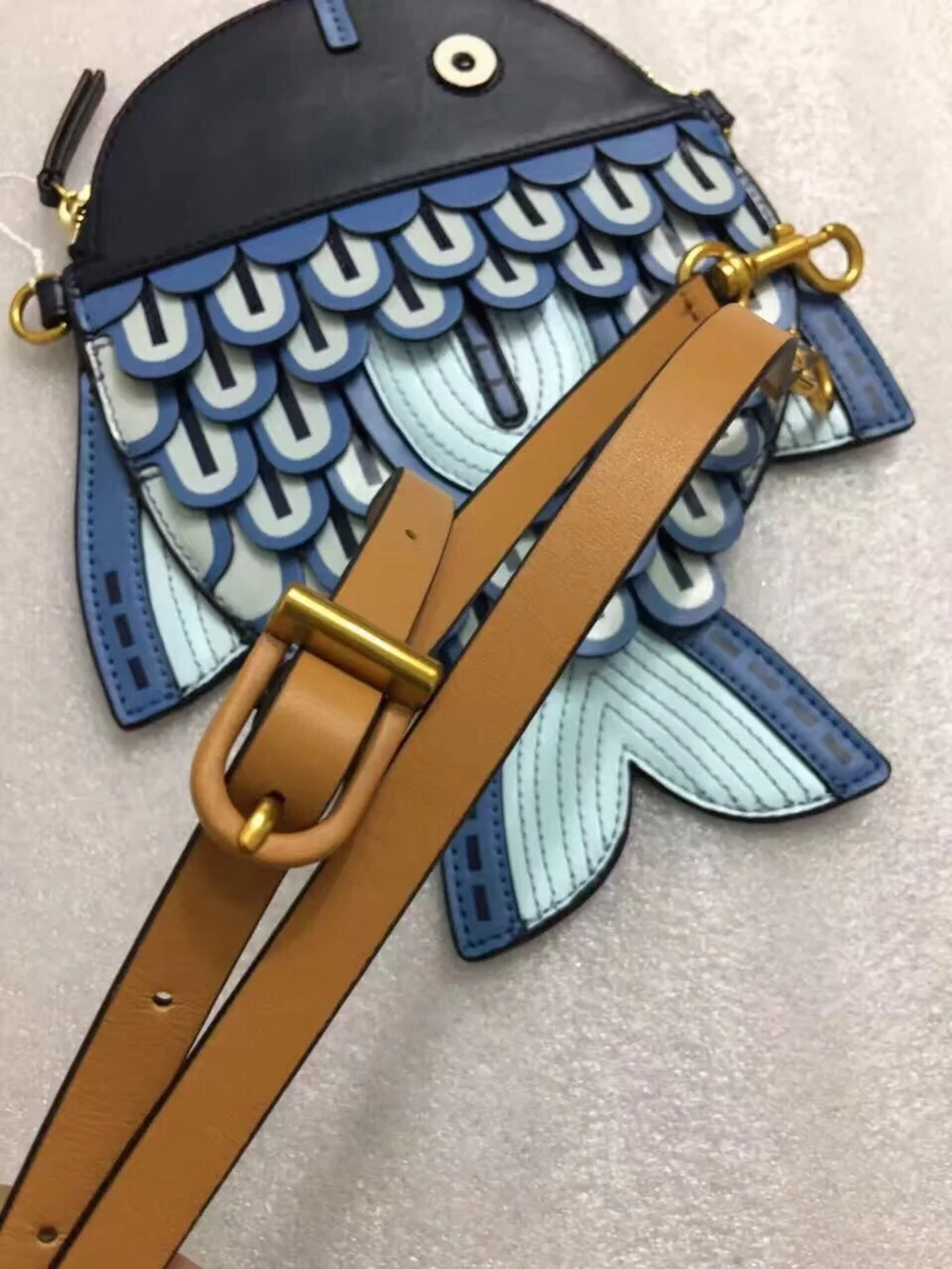 Tory Burch Blue Fish-Shaped Crossbody Bag with Tan Strap